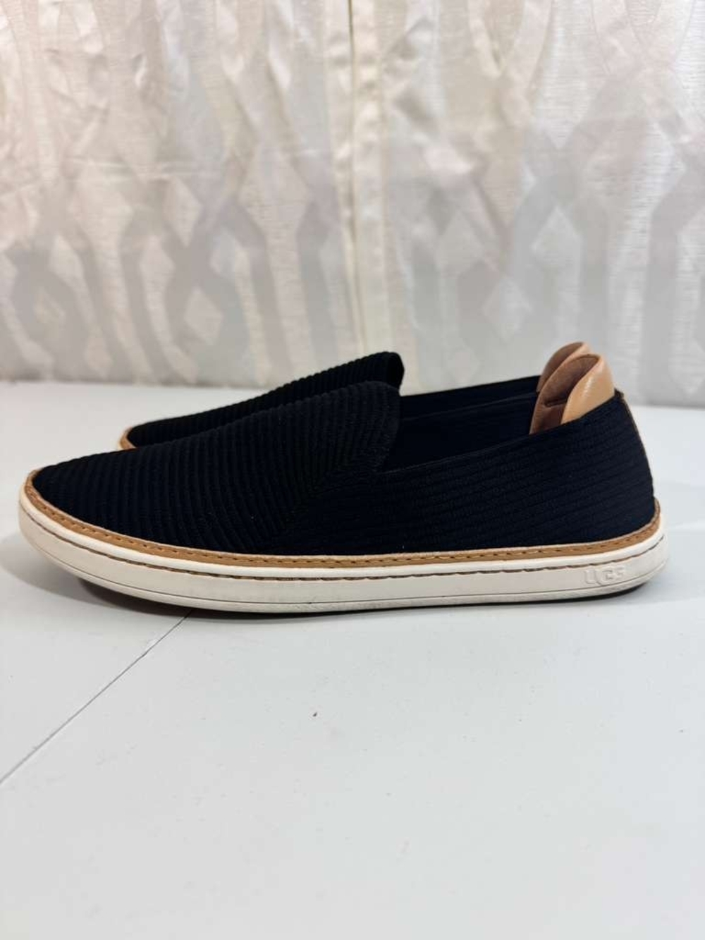 UGG Men’s Black Knit Slip-On Loafers with Tan Heel Tab